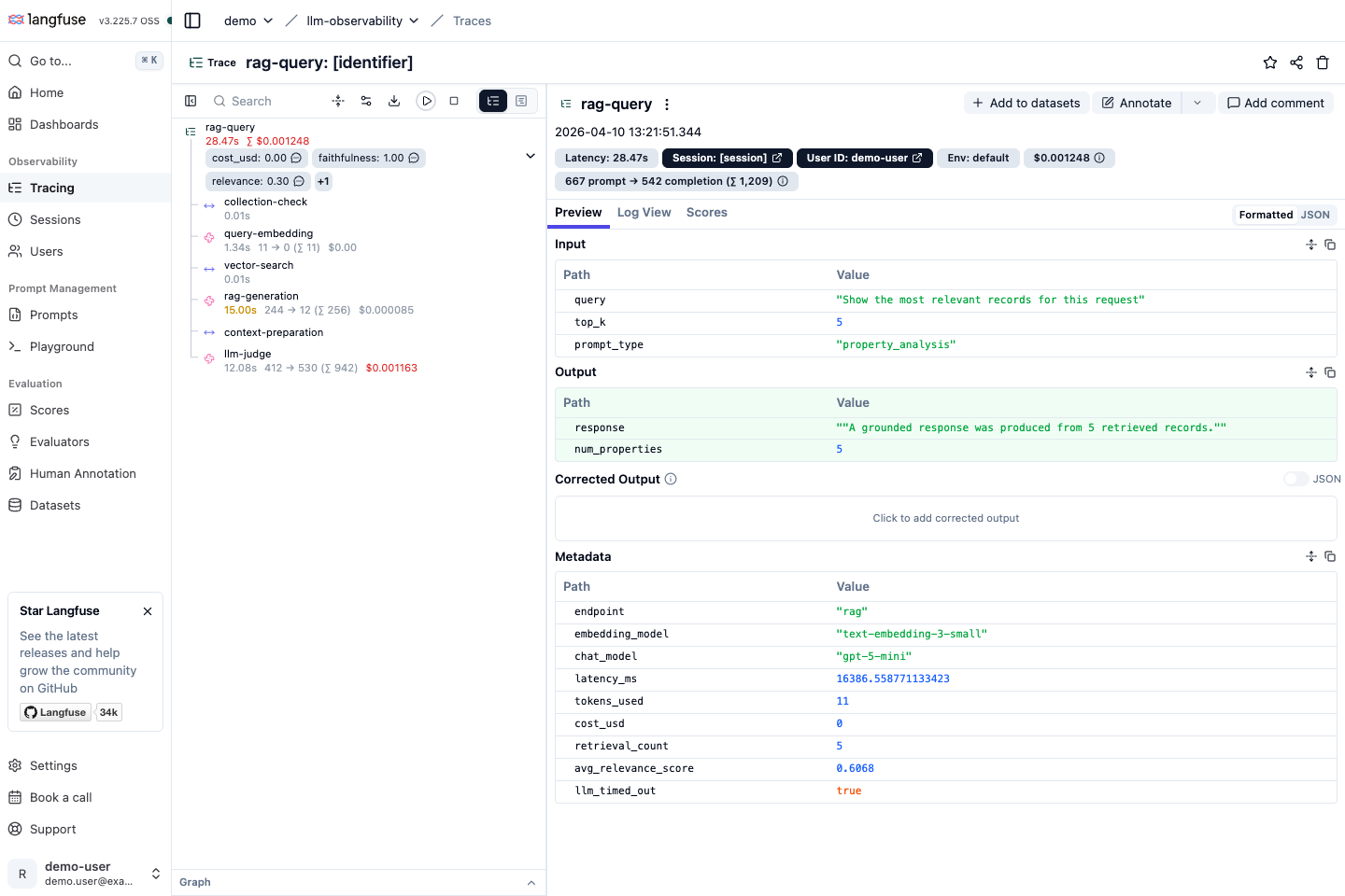 Sanitised Langfuse RAG trace showing collection check, embedding, vector search, context preparation, generation, and evaluation