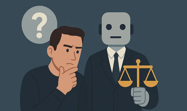 A person considering a robot judge holding a set of scales
